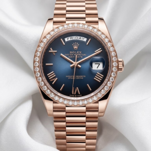 Rolex Day-Date 40 in 18 ct Everose Gold featuring a Blue Ombré / Sunburst Dial